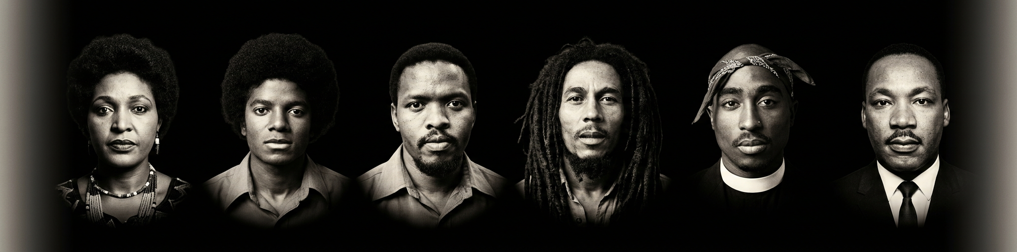 Cinematic portraits of Winnie Mandela, young Michael Jackson, Steve Biko, Bob Marley, Tupac Shakur and Martin Luther King Jr